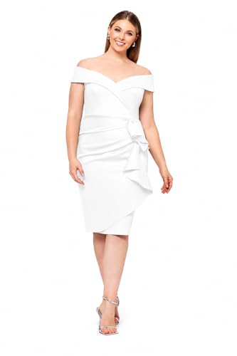 Image of Xscape Women's Bodycon Midi Off-The-Shoulder Ruffle Dress with Center Back Zipper, Petite & Plus Size