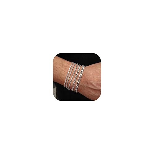 LOLIAS 5 Piezas Pulseras Plata Hombres Acero Inoxidable Cuerda eslabón Cubano Conjunto Pulseras Cadena Figaro para Mujeres Regalo joyería Hombres Él Padre Novio Marido