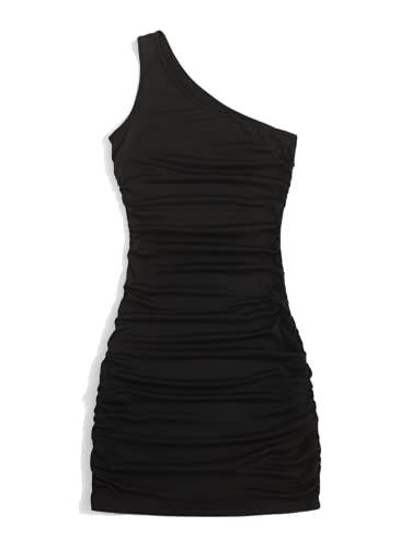SheIn Women s Sexy One Shoulder Sleeveless Tank Ruched Bodycon Short Mini Dress Black X-Small