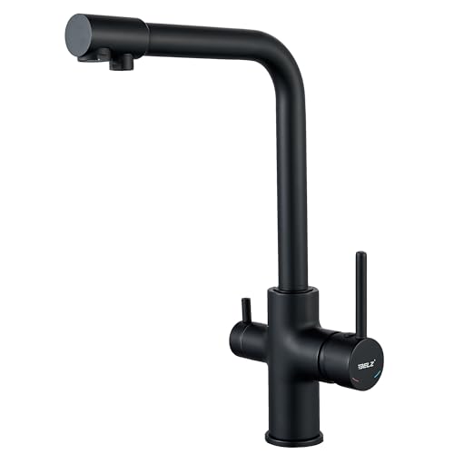 BELZ Grifo Cocina, Grifos Cocina Fregadero Giratorio 360°, Grifo de cocina Osmosis de 3 vias con barra doble, Caliente y Fria Agua, 2 salidas, latón cromado (Negro)
