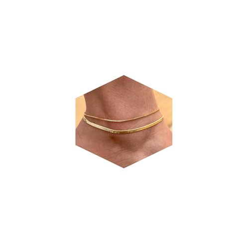 Image of Risamil 14K Gold Plated Ankle Bracelets for Women, Anklets for Women Waterproof Layered Ankle Bracelets for Women Teen Girl Herringbone Anklet Set Summer Foot Jewelry Gifts