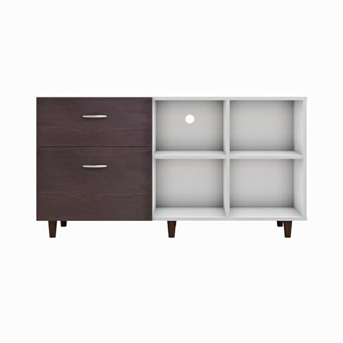 Image of VIKI Modern TV Unit for Living Room | Engineered Wood TV Cabinet with 2 Drawer Storage & 2 Open Shelves, Entertainment Unit, 140W x 74H x 40D cm | DIY | 1 Year Warranty (White & Wenge)