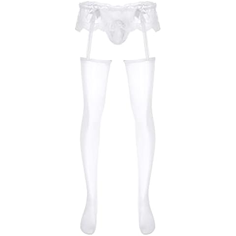 Kaerm Mens Pantyhose Stocking Sheer Lace Crossdressing Skirt Panties Lingerie Sissy Cutout Tights Nightwear White One Size Cover