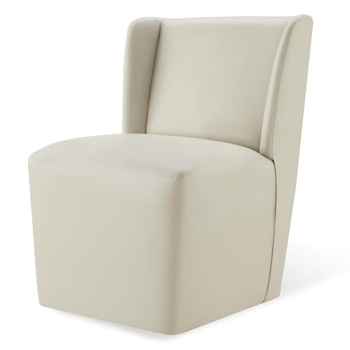 Image of KISLOT Upholstered Dining Chairs Set of 1 with Casters, Wingback Modern Side Armless Deskchair with Rollers for Diningroom Bedroom Livingroom Reading Room, Cream Faux Leather
