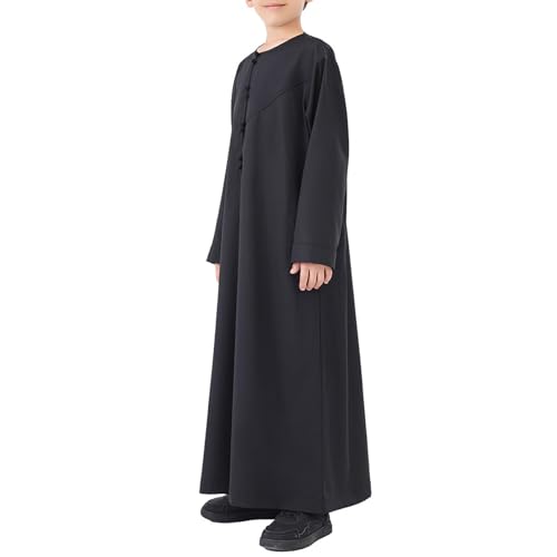 Boys Muslim Kaftan Kids Crewneck Long Sleeve Ramadan Eid Outfits Muslim Dress Solid Color Prayer Clothes with Pocket2