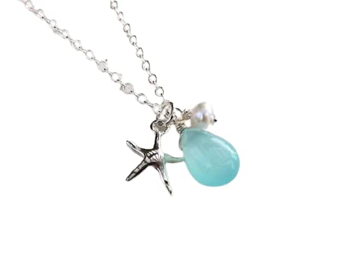 Miniatura 4 de Aqua Blue Chalcedony Starfish Necklace, Sterling Silver, Elegant Gifts For Mom, Her, Wife, Women, Birthdays, Mothers Day, Brides, Bridesmaids, 18