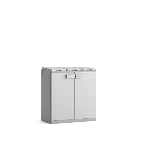 Keter Armadio Raccolta Differenziata ReCyclo, 3 Scomparti, Compatibile con sacchi da 110L, Bianco/Beige, 89x45x96H cm