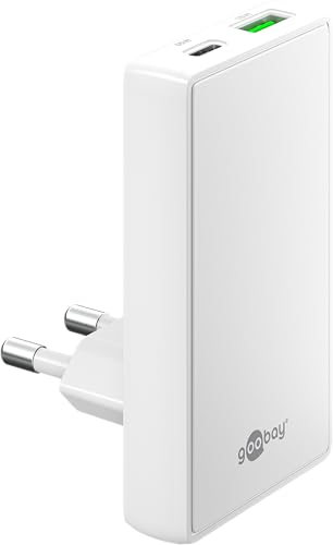 goobay 65W Chargeur plat GaN USB C, chargeur rapide à double port (USB-C ET USB-A) - Design plat à 90°, ultra-mince et peu encombrant, pour Apple, Samsung, Huawei, ainsi que pour tablettes, etc. blanc