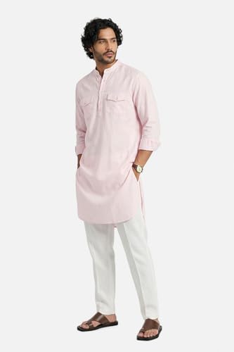 Image of SNITCH Men Casual Kurta Shirt | Regular Fit Full Sleeve Mandarin Collar Solid Pattern | Premium Cotton Linen Blend & Breathable Fabric for Festive Season & Holiday Wear