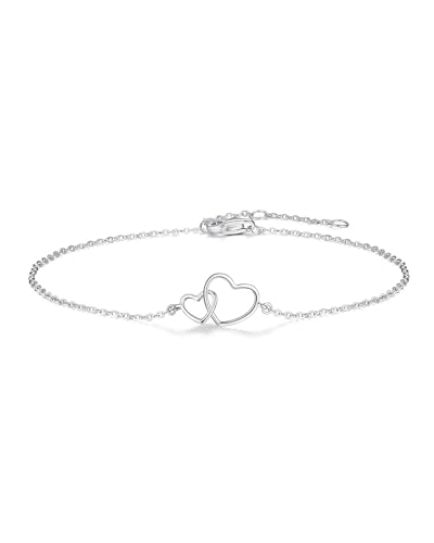 FANCIME Solid 14K Gold Necklace Bracelet Dainty Double Heart Pendant Love Fine Jewelry Promise Anniversary Birthday Christmas Gifts for Her Women