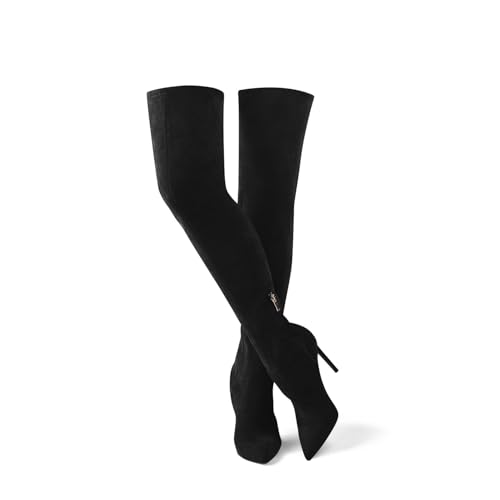 GENSHUO Black Over the Knee Boots for Women with Heel Suede Thigh High Boots Stretch Sexy Pointed Toe Stiletto Long Boot Shoes OTK Bootie Size 8