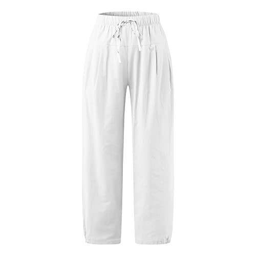Womens Summer Casual Nine-Pants Loose-Fit Solid Color Elastic Waist Lace Up Comfy Cotton Linen Ankle-Length Trousers #TOP3