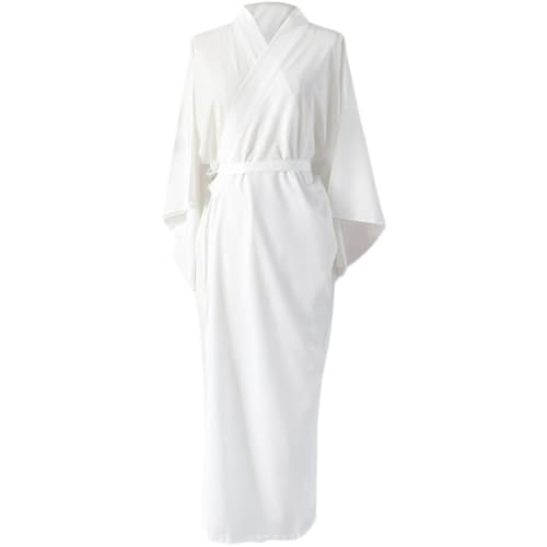 Wedhapy Kimono japonés para mujer kimono tradicional japonés blanco liso con cinturón talla única bata japonesa mangas largas forro de yukata pijama para vacaciones