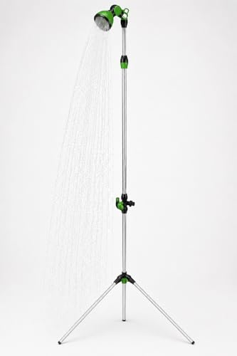 NORDIQ Ducha para Jardín y Terraza con Conexión a Manguera Universal. Doble Fijación, Trípode y Pincho, Altura Regulable 175-229 cm de Aluminio Premium Resistente para Exterior