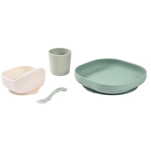 Image of BEABA Silicone 4-Piece Meal Set - Easy to Clean - Dishwasher and Microwave Safe - Soft, Unbreakable, Non-Slip Suction Bottom - Includes Plate, Bowl, Cup and 2nd Stage Silicone Spoon (Sage Green)