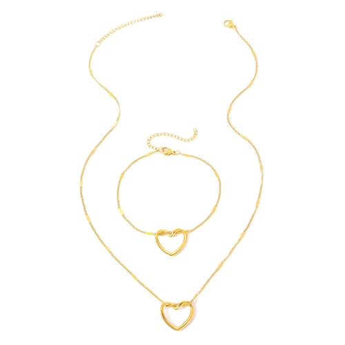 XSDSLS 2 Stück Herz Schmuck Set für Damen Edelstahl Panzerkette Armband Halskette mit Herz Anhänger Gold Silber Offenes Herz Halskette Armbänder Einstellbare Kette Geschenk für Mädchen Frauen (Gold)