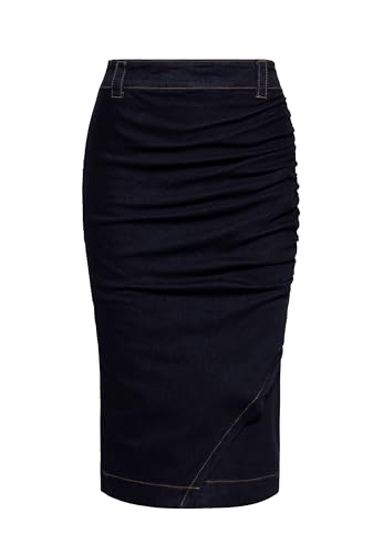 Queen Kerosin Damen Rock Pencilrock Bleistiftrock 50S Rockabella Vintage Retro Asymmetrisch Overlapped Denim Jeans Elastisch