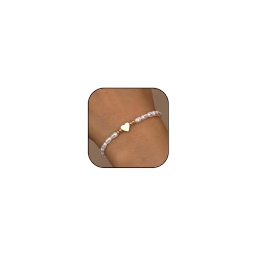 JOOTUEPO Bracciale Donna, Bracciale con Perle d'Acqua Dolce, Collana placcata oro 14k braccialetto di perle a forma di cuore, Perline in...