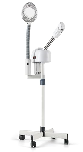 BNSNY Professional Facial Steamer on Wheels with 5X Magnifying Light Stand Facial Steamer Portable Height Adjsuatble, White