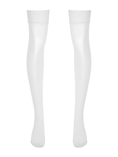 Men's Glossy See-through Stockings Thin Shiny Solid Color Stretchy Sheer Thigh High Socks White One Size3