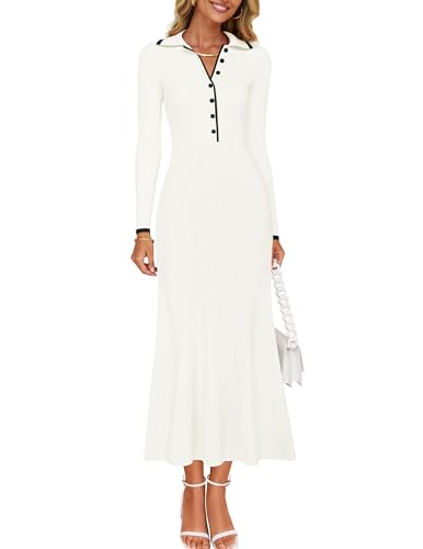 ZESICA Women's Long Sleeve Sweater Dress 2026 Fall V Neck Ribbed Knit Casual Formal Cocktail Bodycon Maxi Dresses,White,Medium