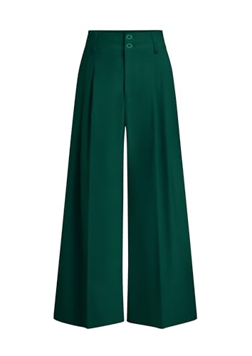 PRETTYGARDEN High-Waist Pleated Palazzo Work Trousers (Dark Green)