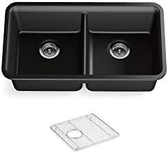 K-8199-CM1 Cairn Sink, 33" Neoroc Composite Undermount Double-Bowl Kitchen Sink, Composite Kitchen Sink with Sink Rack, Matte Black