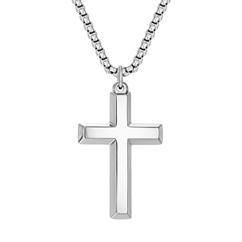 Cross Necklace for Men Silver Gold Black Stainless Steel Beveled Edge Cross Chain Pendant Christian Necklace for Men Crucifix Pendant Box Chain Length 22-24 Inch