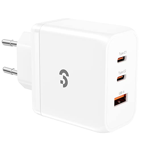 65W GAN Cargador USB C - SOOMFON Cargador Rápido de Pared 3 Puertos PD Cargador Tipo C Carga Rapida Charger Compatible con MacBook Pro/Air/iPad Pro/iPhone 11/12/13/14 Series/Galaxy S22/S21/Steam Deck Cover