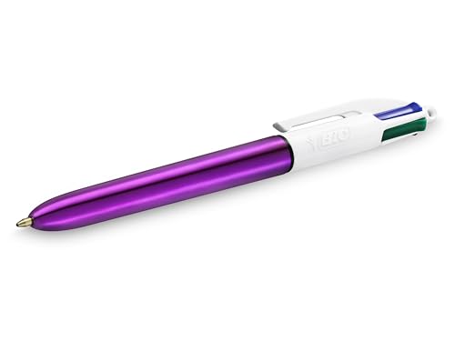 BIC Lot de 4 stylos à bille rétractables tout-en-un, multicolore, quatre couleurs d'encre, pointe moyenne de 1,0 mm, lot de 4, fûts originaux et brillants