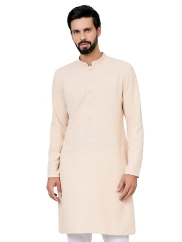 Image of See Designs Men's Full Sleeve Mandarin Collar Geometric Sequins Embroidered Thread Work Straight Long Kurta - Festive Collection