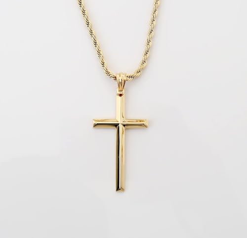 18K Gold Rope Chain Style Cross Pendant Necklace 3MM Cross Necklace Clasp for MEN, HUSBAND Thin for Charms Miami Cuban Link Diamond Cut Religious Beveled Edge3