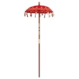 vidaXL Paraguas Tradicional Rojo 90-100 x 250 cm de algodón y Madera. Resistente a los Rayos UV, diseño Elegante con Detalles Decorativos Exterior, Ideal para jardín y terraza. Muy