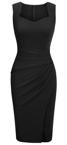 Ihot Women'S Vintage Sweetheart V Neck Sleeveless Ruched Bodycon Slit Cocktail Dress Midi Elegant Formal Party Wedding Guest Funeral Dress Black Small cover
