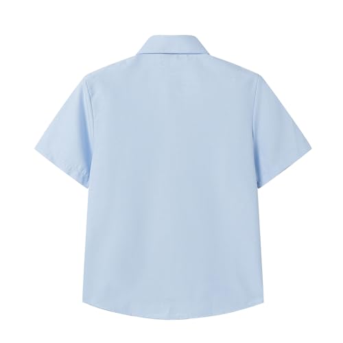 Boys Girls Short Sleeve Button Down Shirt Square Crew Neck Blue Oxford Shirts 5T-16Y2