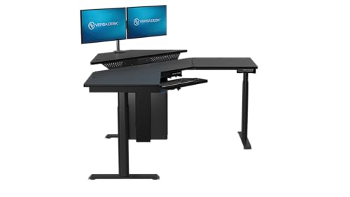 Image of VERSADESK 60 inch x 60 inch Electric L-Shaped Corner Standing Desk, Commercial Grade Height Adjustable Sit Stand Workstation, Ergonomic Computer Desk for Home Office, Black Frame, Black Surface