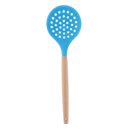 CIYODO Silicone Skimmer with Wooden Handle Heat Resistant Slotted Spoon for Cooking Oil Filter Spoon for Home Kitchen Restaurant Use Blue