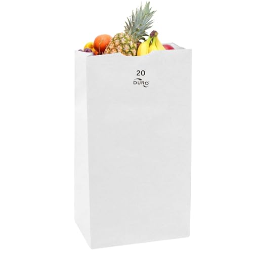 DURO 20# Large White Paper Bags Bulk, 100-Count, 8.25x5.93x13.62 Inches, Ideal for Deli Bagels &...