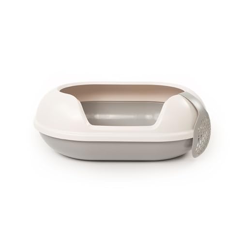 LucyBalu® Arena Lettiera per gatti con bordo alto | grande hop-in lettiera per gatti inodore | design moderno con ingresso dall'alto | WC aperto XXL | incl. paletta | grigio/bianco