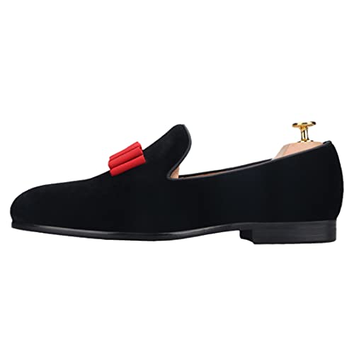 FERUCCI Men Plain Black Velvet with Red Bow Slippers Loafers Prom Wedding4