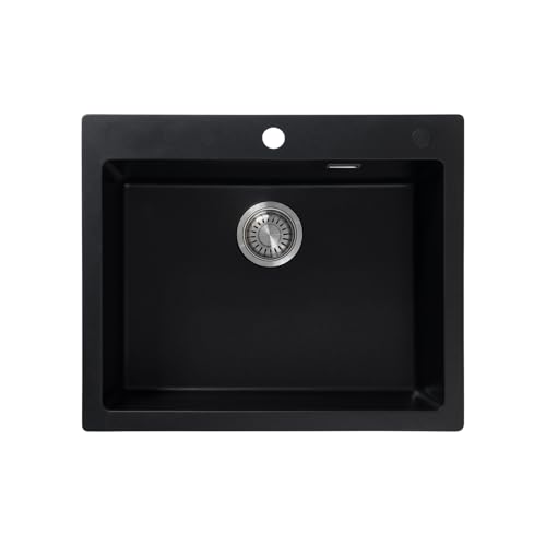 JASSFERRY Fregadero de cocina compuesto negro de 612 x 508 mm, fregadero de cuarzo insertado, cuenco individual profundo con kit de colador de residuos