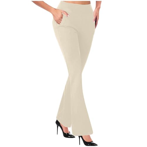 szvbofueck Mallas deportivas para mujer con bolsillos, pantalones de chándal de cintura alta, pantalones de yoga, opacos, elásticos, sin costuras, elegantes, de color liso, beige, S