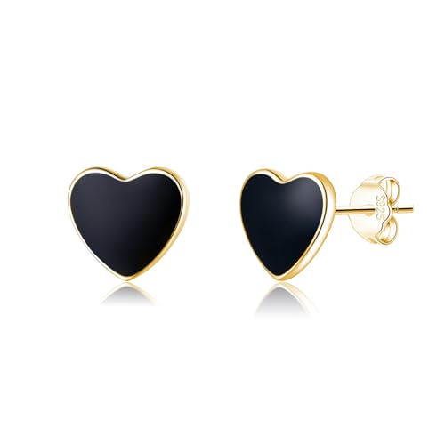 SLUYNZ Solid 925 Sterling Silver Black Heart Earrings Studs for Women Teens 8MM Heart Studs Earrings
