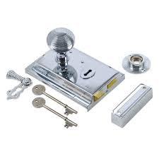 Deluxe 6;x4 Brass Rim Lock Set with Polished Brass Knob,Surfac Mounted Door Lock with Latch, Shed Lock with Key, Vintage Gate Lock for Outdoor Sheds, Gates, or Doors (Satin Chrome)