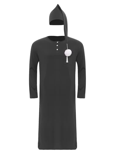 Men's Soft Loose Sleepwear Long Sleeve Nightshirt Night Pajama Set with Sleeping Cap3