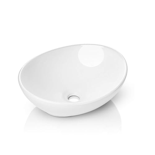 Kichae - Fregadero ovalado de 40,6 x 33 cm, moderno lavabo de baño sobre el mostrador, forma ovalada de huevo, recipiente de cerámica de porcelana blanca