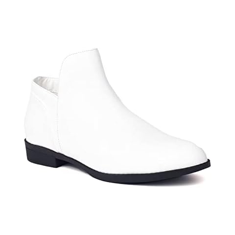 ComeShun Low Block Heels Booties Loafer-Style Vamp Comfort Side Zip Ankle Boots White PU Size 8 Cover