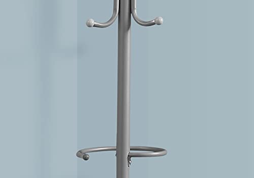 Monarch Specialties 2163, Hall Tree, Free Standing, Hanging Bar, 6 Hooks, Entryway, Bedroom, Grey, Contemporary, Modern Coat Rack 68" H Silver Metal, 23" L X 19" W X #TOP2