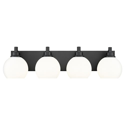 Image of Bathroom Light Fixtures, 4 Light Matte Black Vanity Light, 26 Inch Modern Wall Sconces with Globe Milk White Glass Shade, Vanity Lighting Fixtures Over Mirror, VL195-MB-ML-4