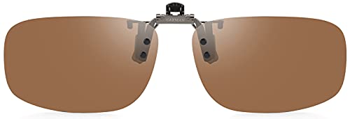 Image of CAXMAN Polarized Clip On Sunglasses Over Prescription Glasses or Reading Glasses for Men Women Flip Up Rimless Rectangle Lens Cover Eyeglasses, Brown Lens, 57 * 36mm